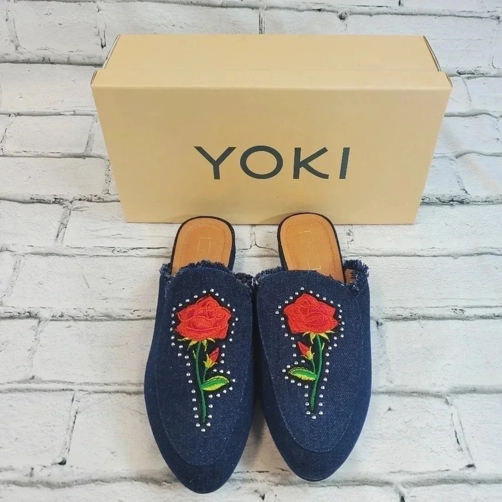 YOKI Willas 71 DARK DENIM Low Heal Slip On Embroidery Rose Beauty Beast Shoes - Picture 3 of 14